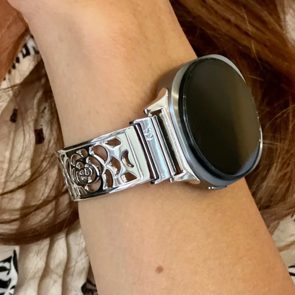 Silver Floral Stainless Steel Smartwatch Band - Fits Round Smartwatches - Picture 3 of 9